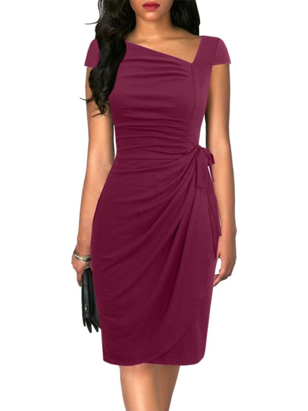 Women's Purple Vintage Cap Sleeves Asymmetrical Neckline Sheath Bodycon Dresses